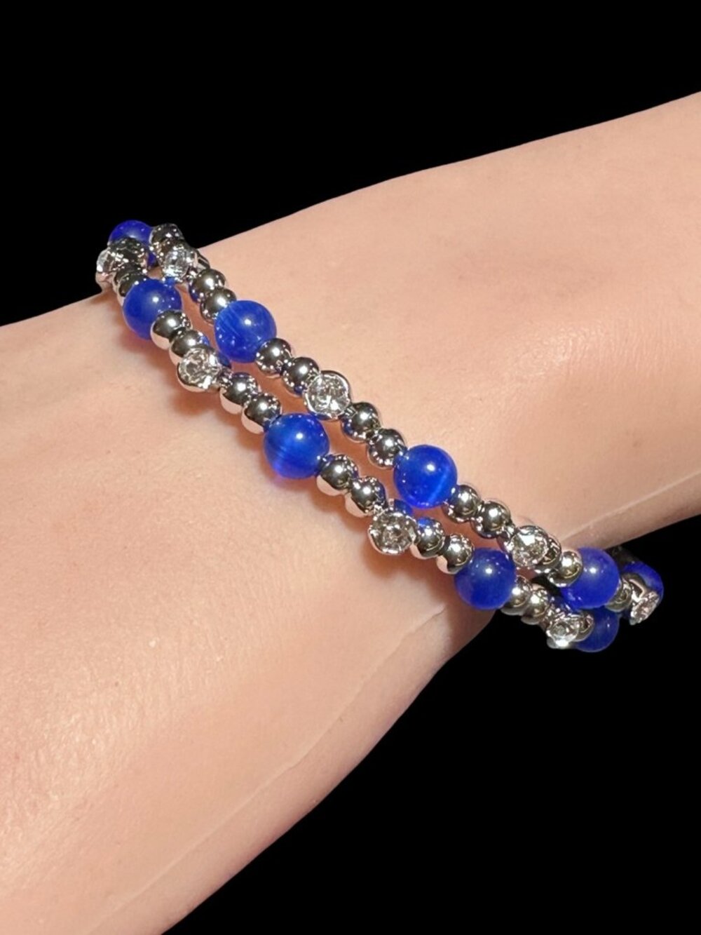 Wrap Bangle Bracelet Silver Tone Blue Cats Eye Beaded Womens Costume Jewelry
